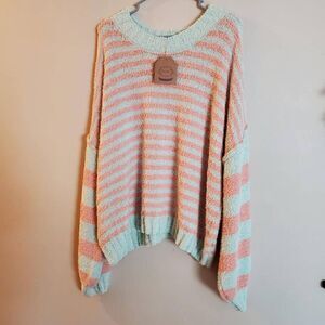 Kori America Fuzzy Fleece Striped Sweater NWT Oversized SZ L Womens